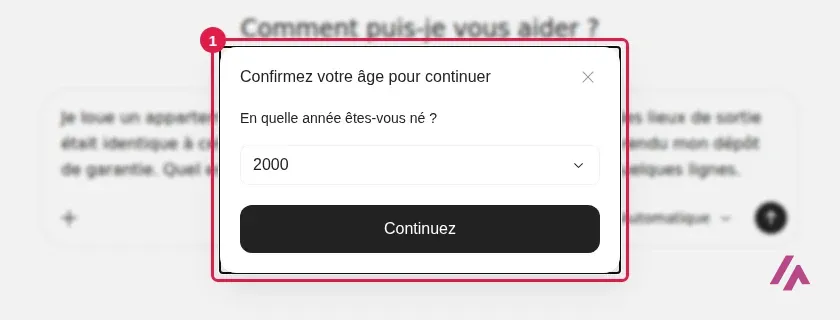 Fenêtre Confirmez votre âge pour continuer de Qwen, encadrée en 1, avec la question En quelle année êtes-vous né et le menu réglé sur 2000