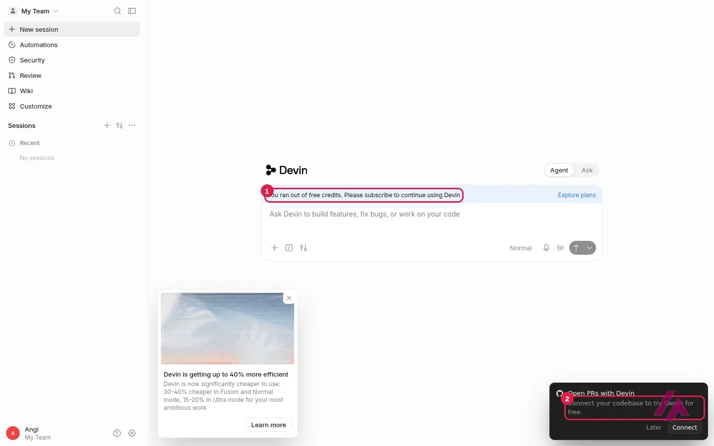 Application web de Devin avec le bandeau You ran out of free credits encadré en 1 et l’invitation à connecter son code pour essayer gratuitement encadrée en 2