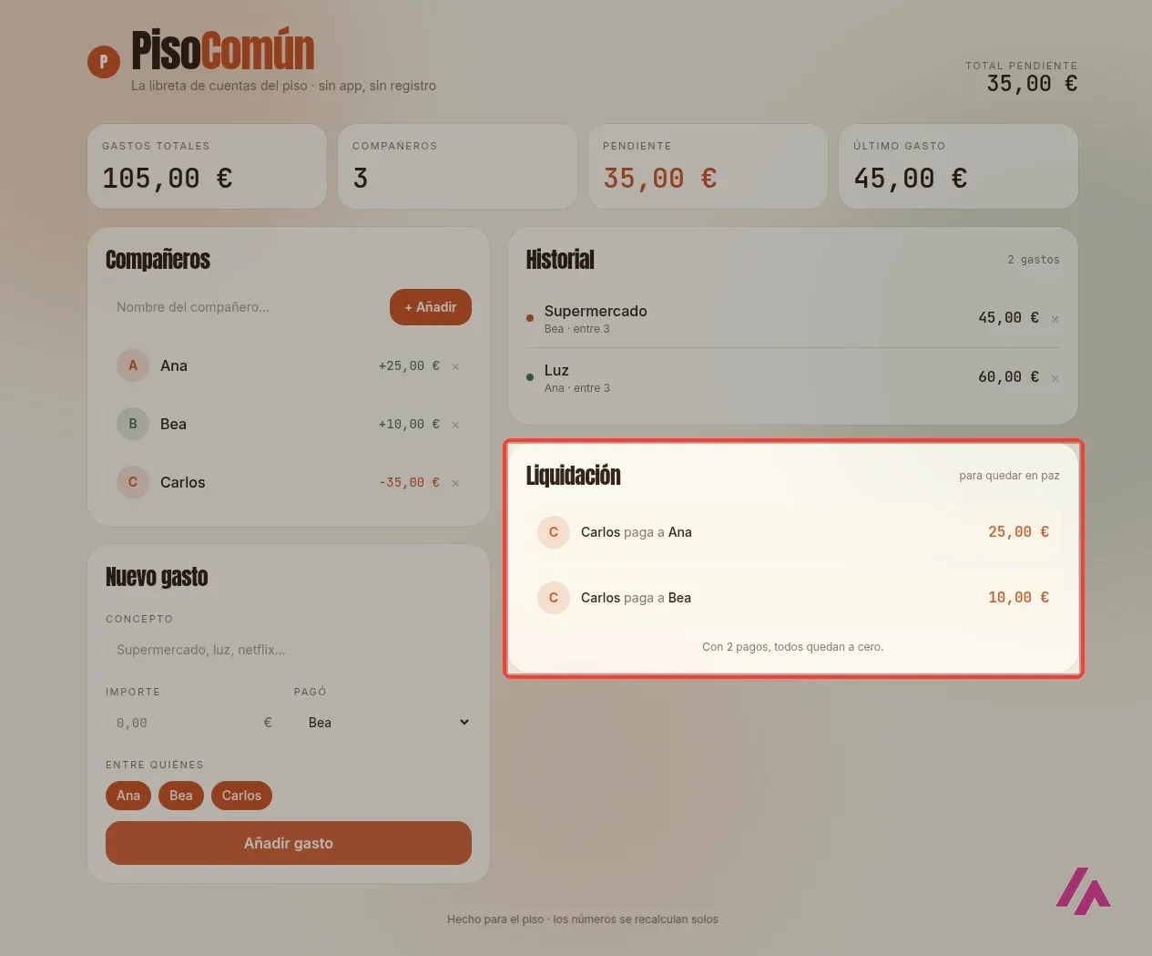 Calculatrice de dépenses créée avec Lovable, avec trois colocataires et deux dépenses, et le solde des comptes encadré avec les paiements de Carlos