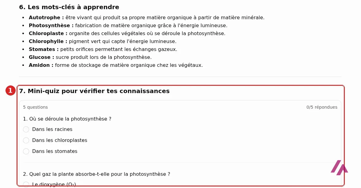 Mini-quiz de cinq questions à la fin de la fiche de révision de ChatGPT, encadré en 1, avec le compteur 0/5 répondues