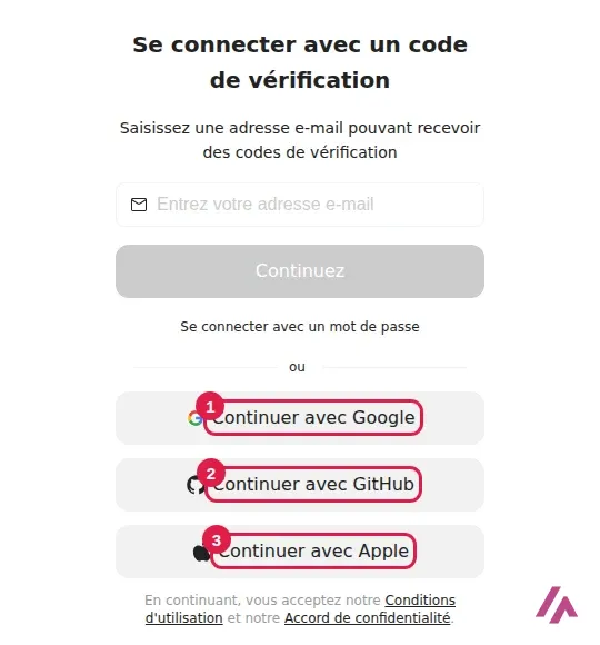 Page de connexion de Qwen en français, avec Continuer avec Google encadré en 1, Continuer avec GitHub en 2 et Continuer avec Apple en 3