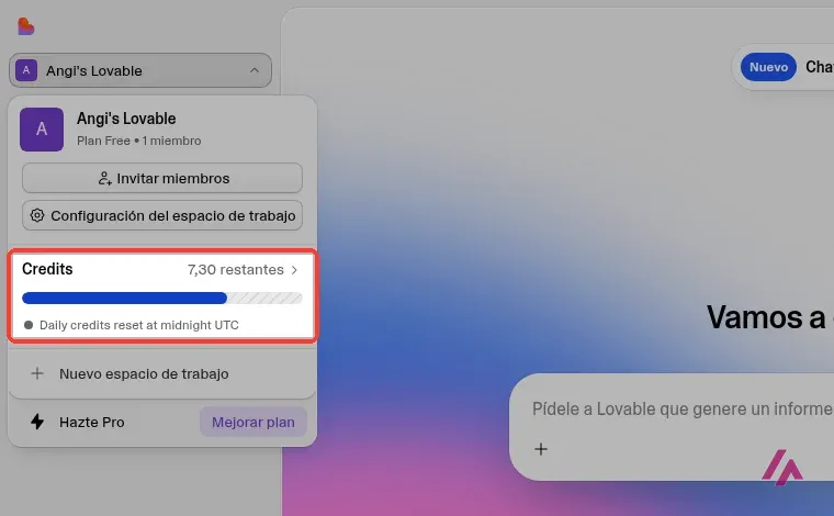 Menu de l’espace de travail Lovable en formule Free avec le compteur de crédits restants encadré