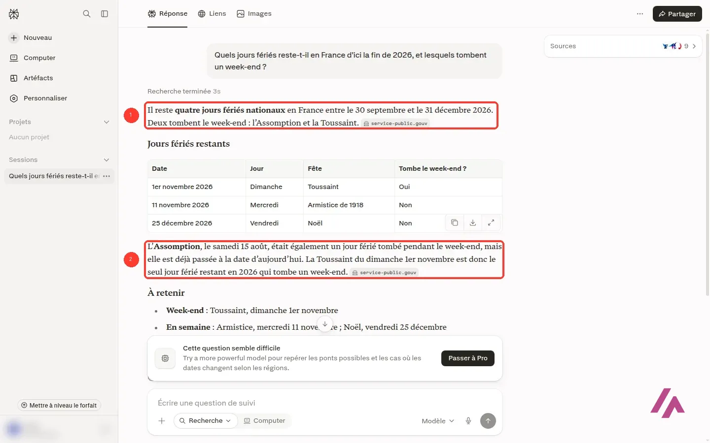 Réponse de Perplexity sur les jours fériés restants en 2026 avec la phrase d’introduction encadrée en 1 et la correction encadrée en 2, séparées par un tableau de trois jours fériés