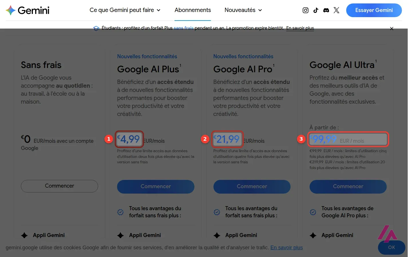 Page des abonnements Gemini en français avec les prix de Google AI Plus, Google AI Pro et Google AI Ultra en euros encadrés et numérotés