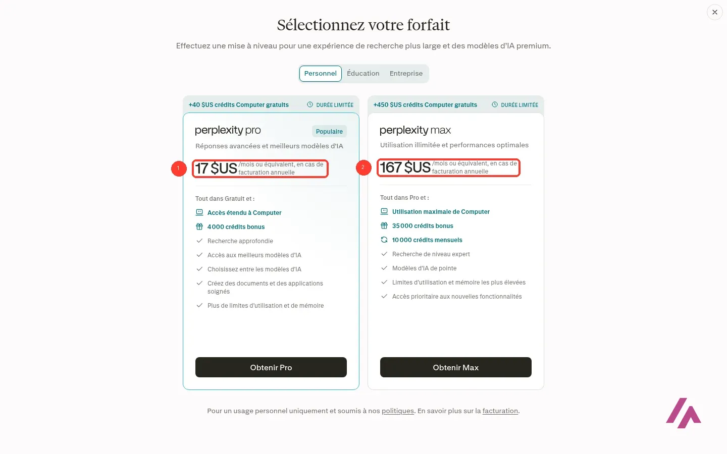 Fenêtre « Sélectionnez votre forfait » de Perplexity avec les prix encadrés : Pro à 17 dollars et Max à 167 dollars par mois en facturation annuelle