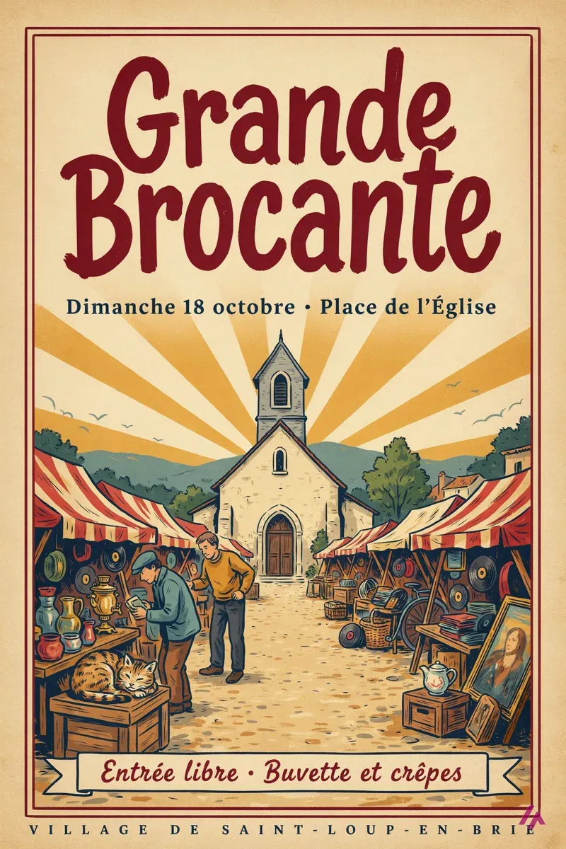 Affiche rétro générée par Ideogram avec le titre Grande Brocante, une église et des stands de brocante