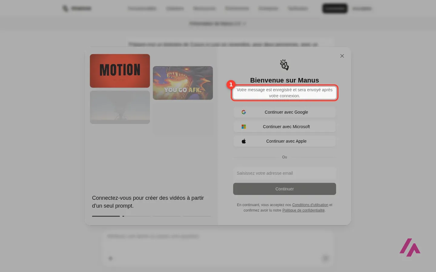 Fenêtre Bienvenue sur Manus avec la phrase Votre message est enregistré et sera envoyé après votre connexion encadrée, au-dessus des boutons Google, Microsoft et Apple