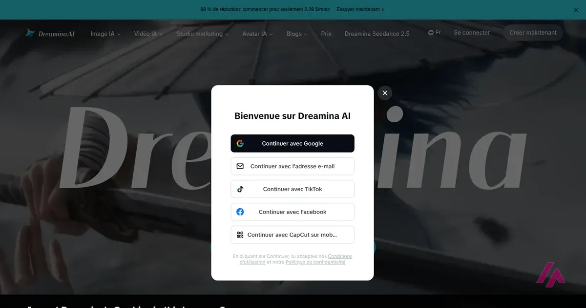 Fenêtre « Bienvenue sur Dreamina AI » avec les boutons « Continuer avec Google », avec l’adresse e-mail, avec TikTok, avec Facebook et avec CapCut sur mobile