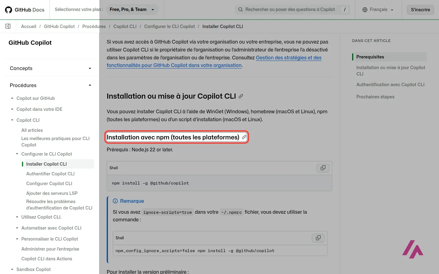 Documentation de GitHub Copilot en français sur l’installation de Copilot CLI, avec le titre « Installation avec npm (toutes les plateformes) » encadré et la commande npm install -g @github/copilot