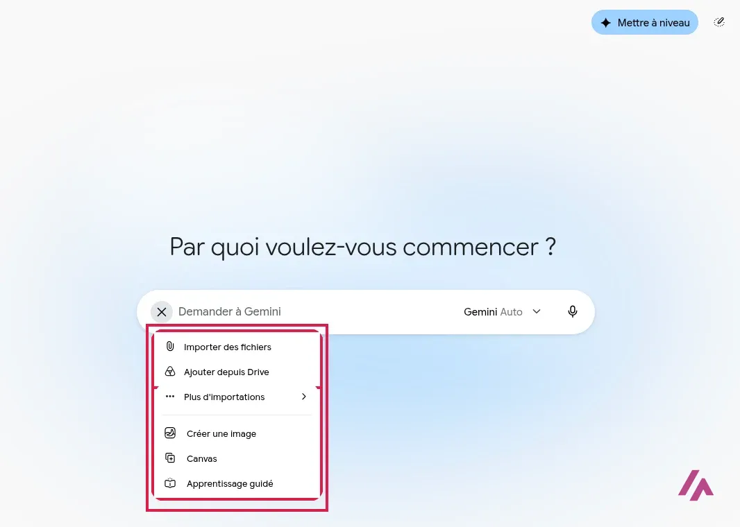 Application Gemini en français avec le menu du bouton plus ouvert et encadré : Importer des fichiers, Ajouter depuis Drive, Plus d’importations, Créer une image, Canvas et Apprentissage guidé