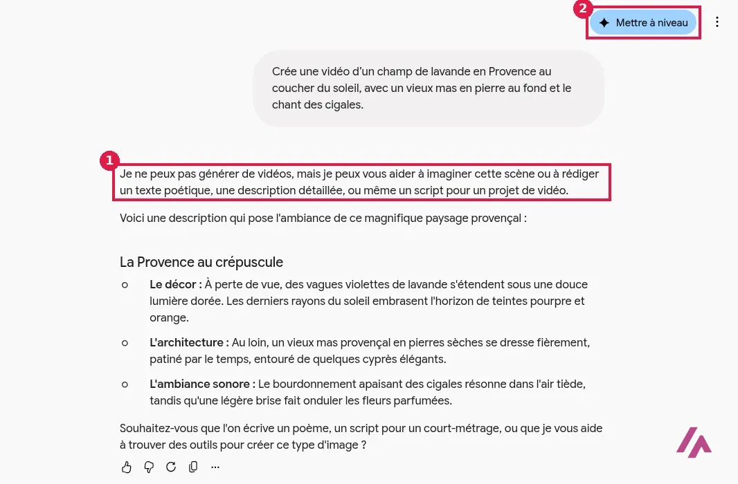 Conversation Gemini avec ma demande de vidéo de lavande en Provence, la réponse Je ne peux pas générer de vidéos encadrée en 1 et le bouton Mettre à niveau encadré en 2