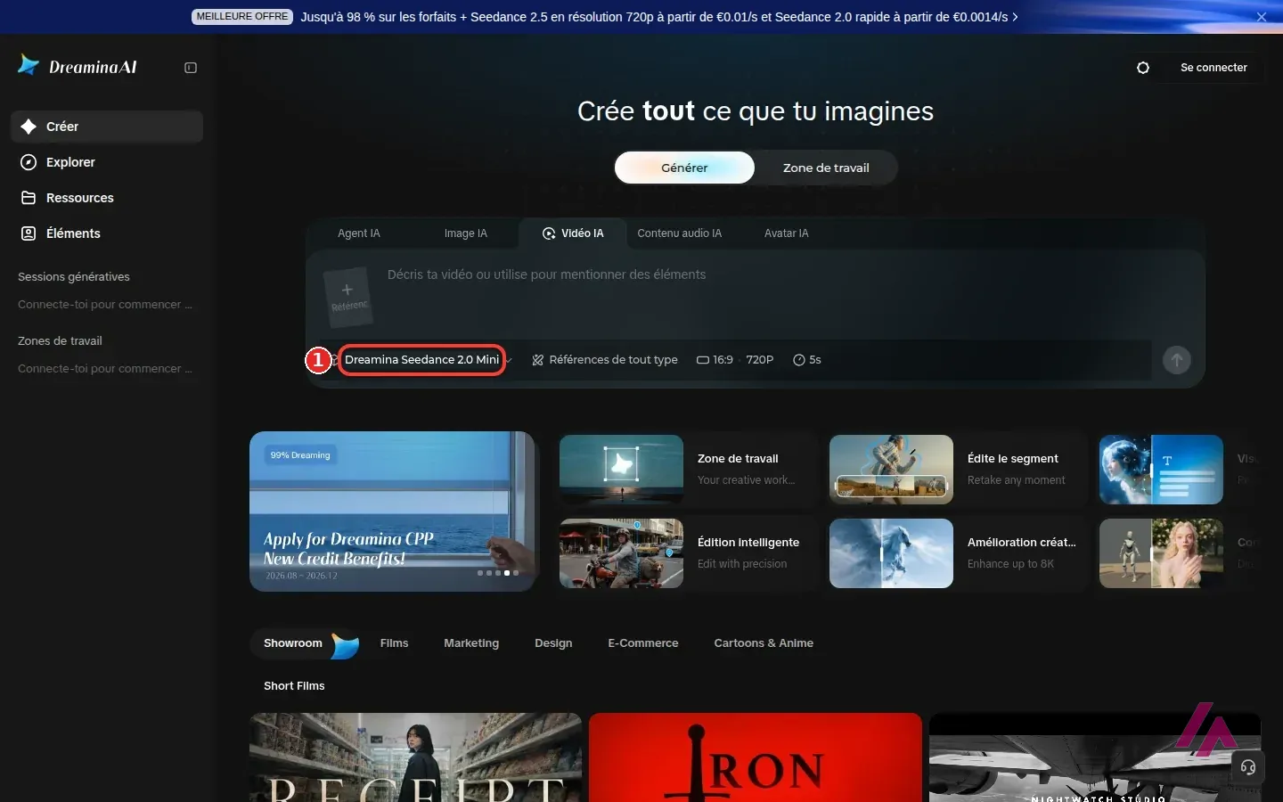 Générateur de vidéos de Dreamina en français avec l’onglet Vidéo IA, la zone « Décris ta vidéo » et le modèle Dreamina Seedance 2.0 Mini encadré en 1