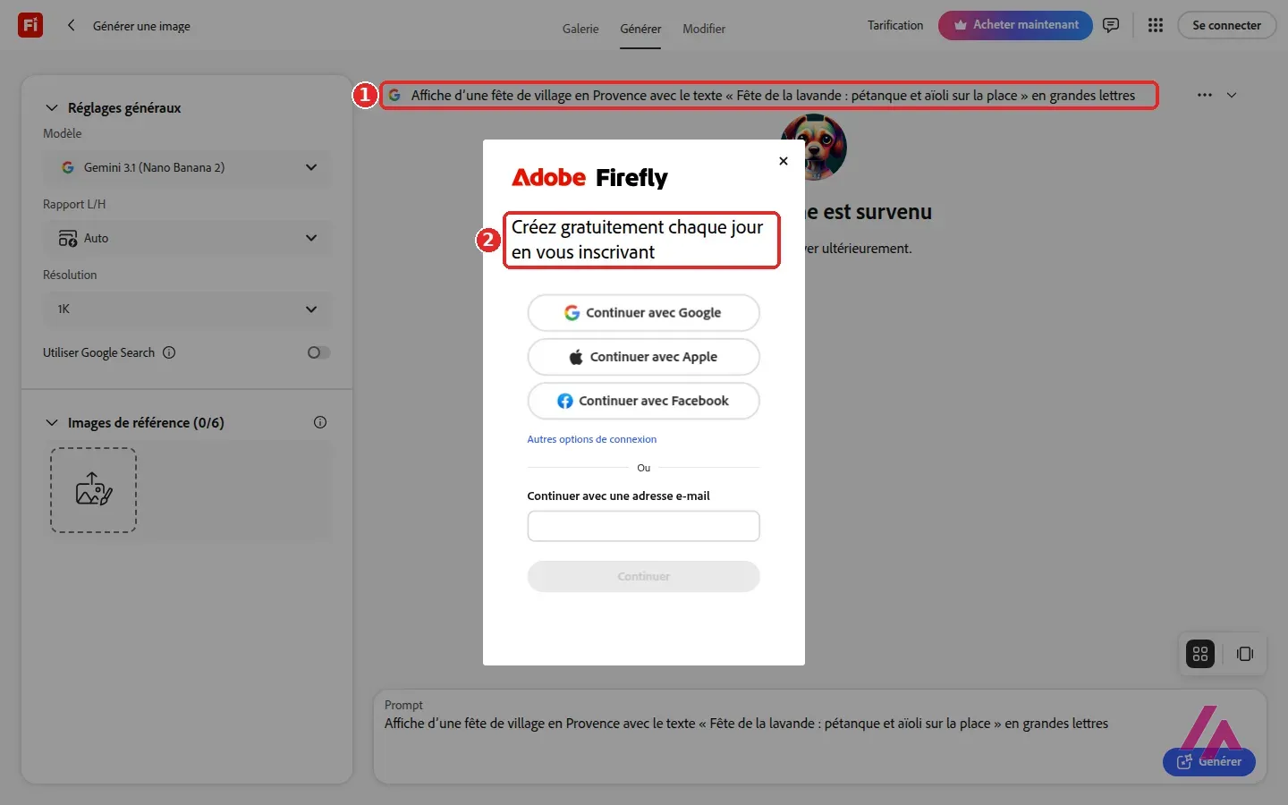 Générateur Firefly avec ma demande d’affiche de fête de la lavande encadrée en 1 et la fenêtre Créez gratuitement chaque jour en vous inscrivant encadrée en 2, avec les boutons Google, Apple, Facebook et e-mail