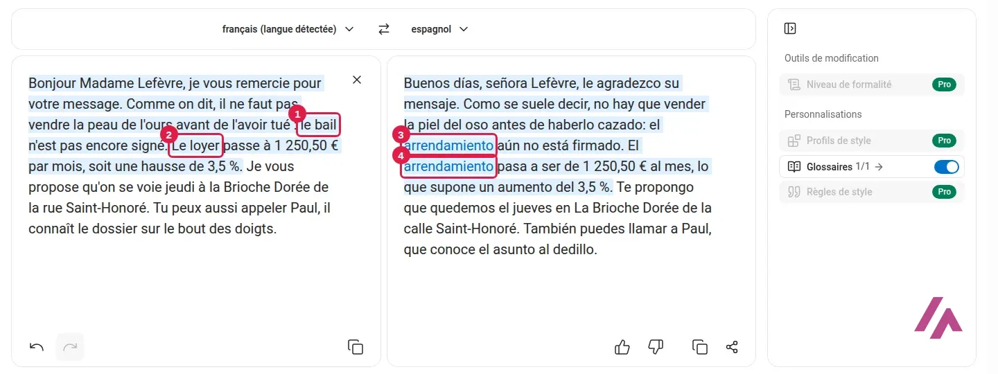 Traduction en espagnol avec le glossaire activé, le mot bail encadré en 1, le mot loyer encadré en 2 et les deux occurrences d’arrendamiento encadrées en 3 et 4