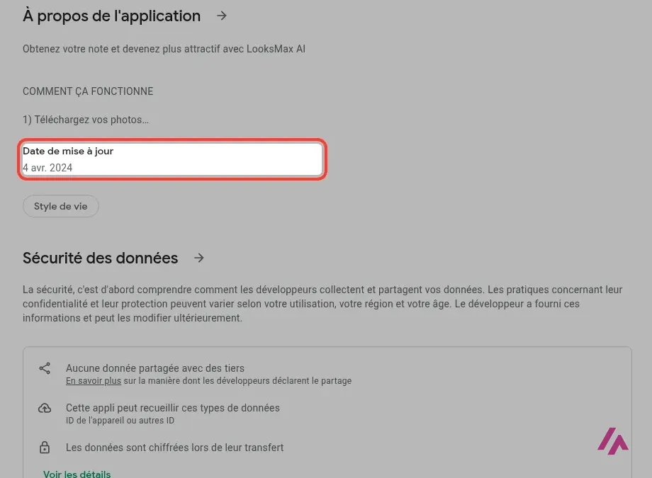 Fiche Google Play de LooksMax AI avec la date de mise à jour du 4 avril 2024 encadrée et le résumé de la sécurité des données