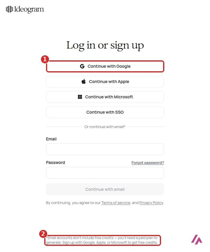 Page de connexion d’Ideogram avec le bouton Continue with Google encadré en 1 et la note sur les comptes e-mail sans crédits gratuits encadrée en 2