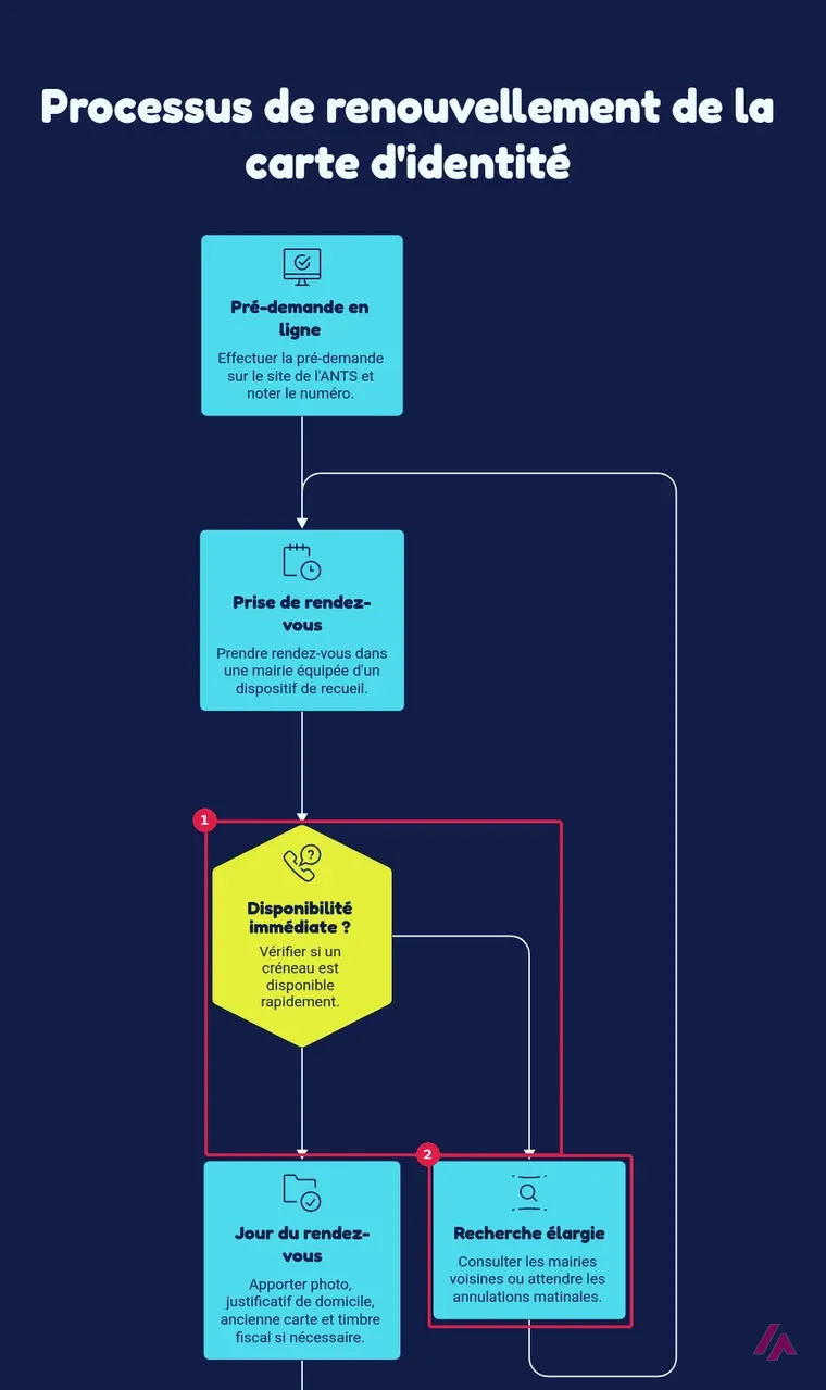 Logigramme généré par Napkin AI avec la question Disponibilité immédiate encadrée en 1 et la branche Recherche élargie encadrée en 2, sur fond bleu foncé