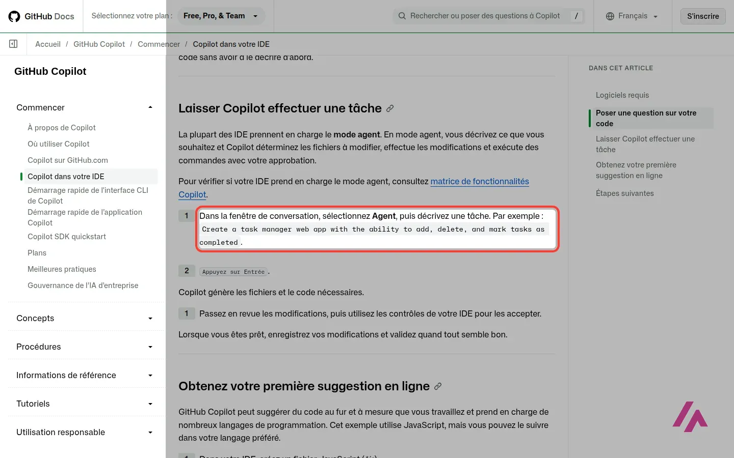 Documentation de GitHub Copilot en français, section « Laisser Copilot effectuer une tâche », avec l’étape « Dans la fenêtre de conversation, sélectionnez Agent, puis décrivez une tâche » encadrée