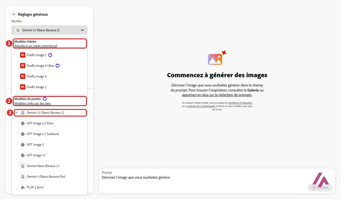 Liste des modèles du générateur Firefly avec le groupe Modèles Adobe adaptés à un usage commercial encadré en 1, le groupe Modèles de partenaires créés par des tiers encadré en 2 et Gemini 3.1 Nano Banana 2 coché encadré en 3
