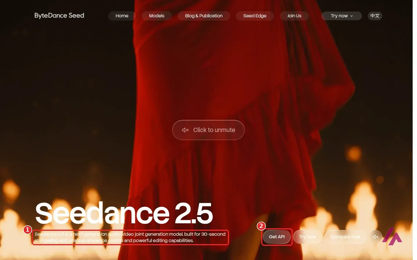Page officielle de Seedance 2.5 chez ByteDance Seed avec la phrase de présentation du modèle audio-vidéo encadrée en 1 et le bouton Get API encadré en 2
