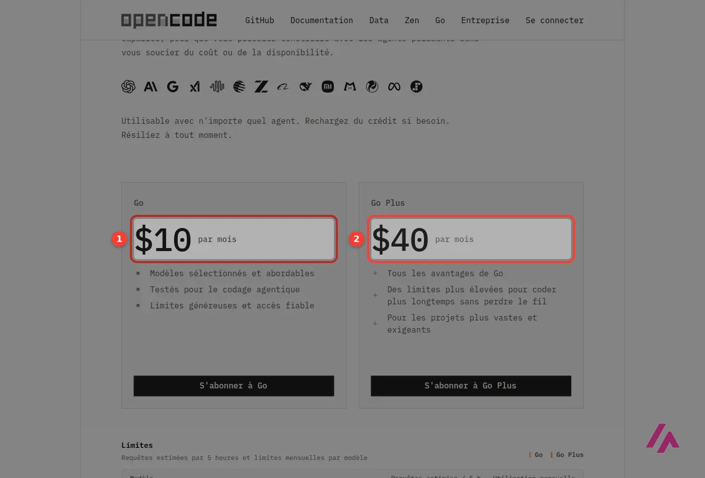 Page d’OpenCode Go en français avec la formule Go à 10 dollars par mois et la formule Go Plus à 40 dollars par mois, encadrées et numérotées