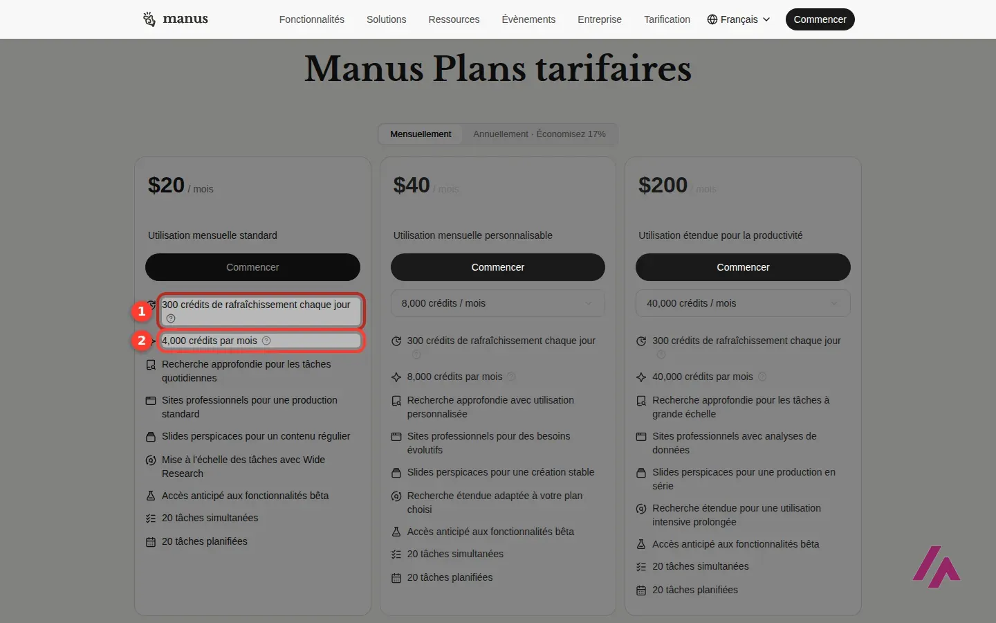Page des tarifs de Manus en français, vue mensuelle, avec les 300 crédits de rafraîchissement par jour et les 4 000 crédits par mois de la première formule encadrés et numérotés