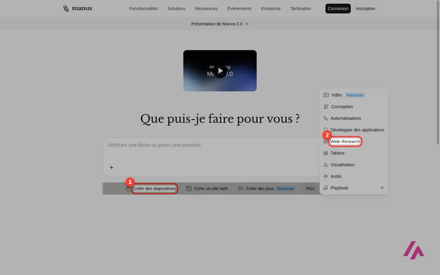 Page d’accueil de Manus avec le menu Plus ouvert, le raccourci Créer des diapositives et l’entrée Wide Research encadrés et numérotés