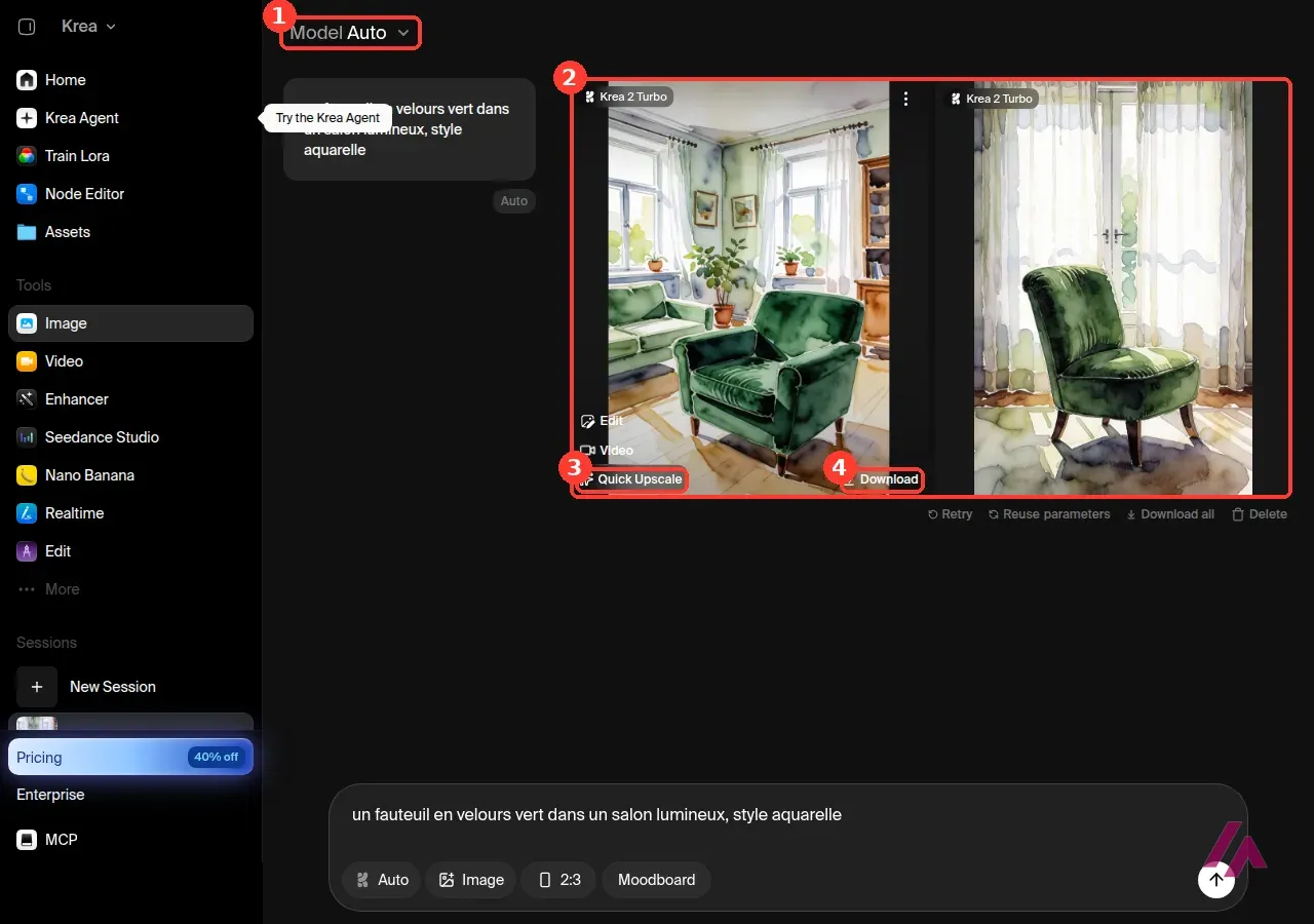 Deux aquarelles d’un fauteuil en velours vert générées par Krea 2 Turbo, avec le sélecteur de modèle encadré en 1, les images encadrées en 2, le bouton Quick Upscale encadré en 3 et le bouton Download encadré en 4