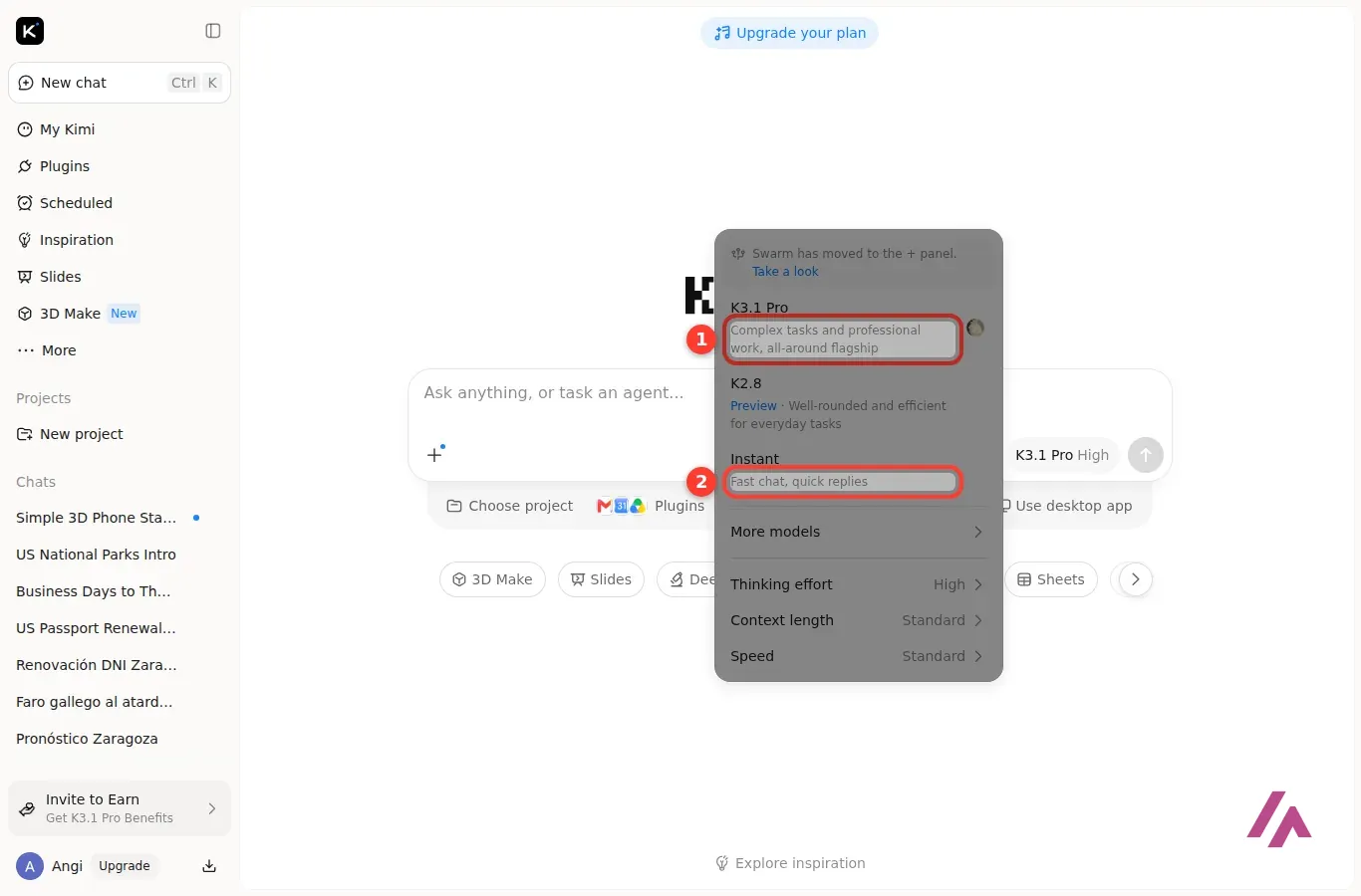 Sélecteur de modèles de Kimi ouvert, avec la description de K3.1 Pro et celle d’Instant encadrées et numérotées
