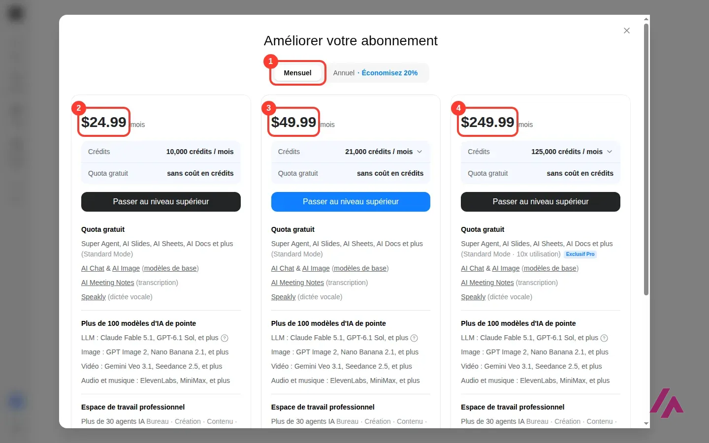 Fenêtre Améliorer votre abonnement de Genspark en facturation mensuelle, le choix Mensuel encadré en 1 et les prix de 24,99, 49,99 et 249,99 dollars par mois encadrés en 2, 3 et 4