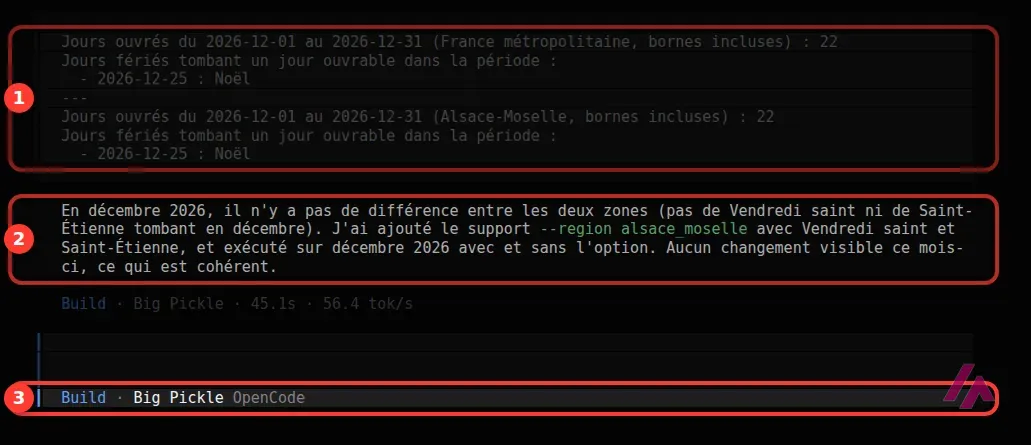 OpenCode dans le terminal en mode Build : les deux résultats de décembre 2026, avec et sans l’option Alsace-Moselle, et son explication en français, encadrés et numérotés
