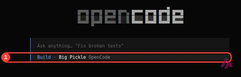 Écran d’accueil d’OpenCode dans le terminal, avec la zone de saisie et, en dessous, l’agent Build et le modèle gratuit Big Pickle encadrés