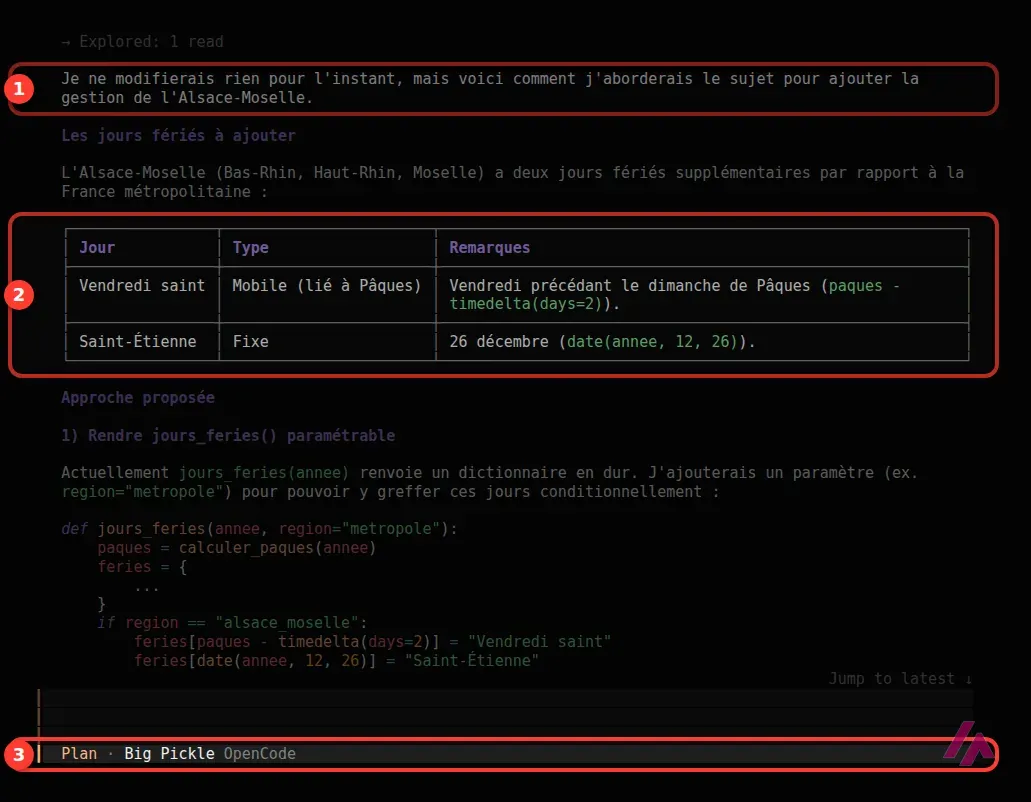 Mode Plan d’OpenCode dans le terminal : la réponse en français qui annonce ne rien modifier, le tableau des jours fériés d’Alsace-Moselle et la ligne Plan avec le modèle Big Pickle, encadrés et numérotés