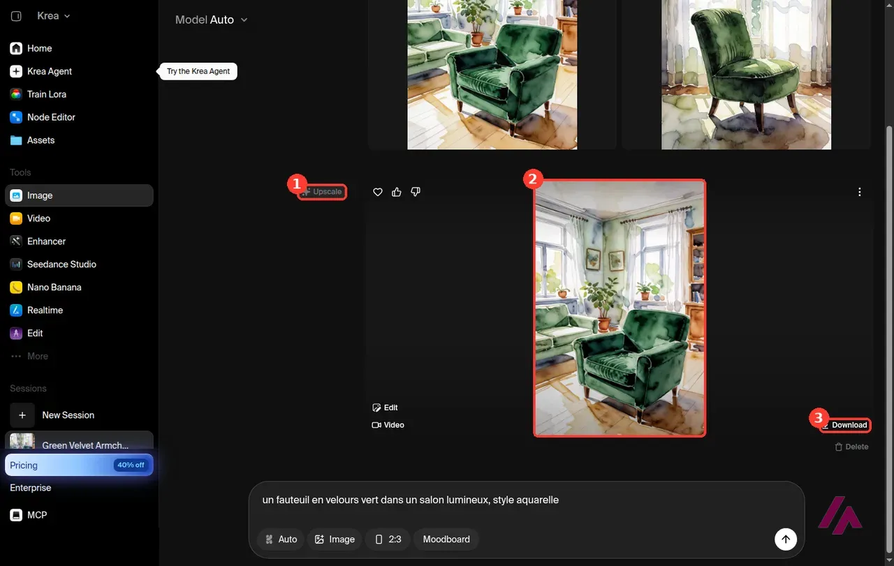 Résultat de Quick Upscale dans Krea avec l’étiquette Upscale encadrée en 1, l’image agrandie encadrée en 2 et le bouton Download encadré en 3