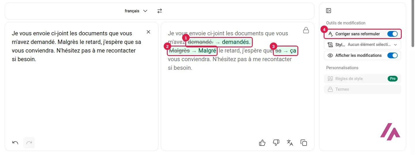 DeepL Write avec mon texte à gauche et la version corrigée à droite, la correction demandés encadrée en 1, Malgré encadré en 2, ça encadré en 3 et l’option Corriger sans reformuler encadrée en 4