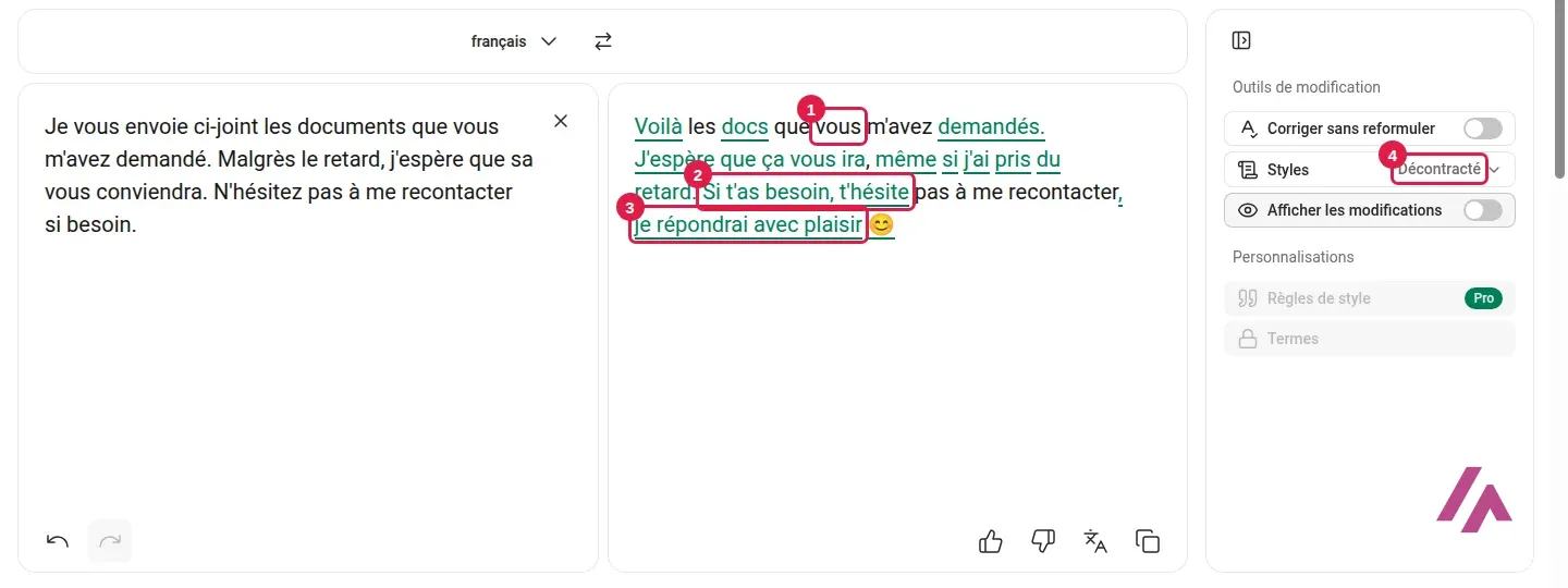 DeepL Write avec le style Décontracté, le mot vous encadré en 1, le passage Si t’as besoin, t’hésite encadré en 2, la phrase ajoutée je répondrai avec plaisir encadrée en 3 et le style Décontracté encadré en 4