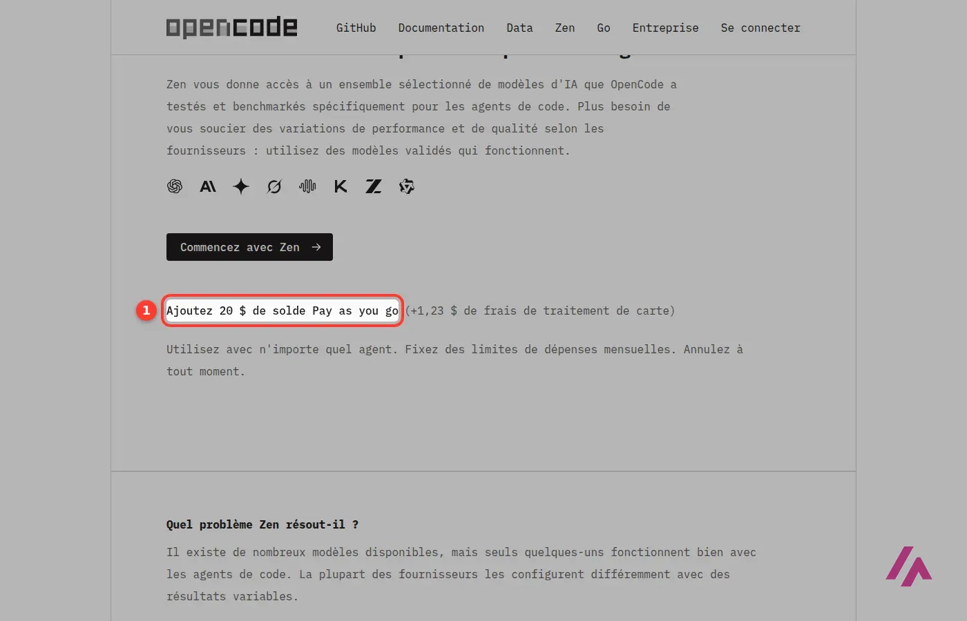 Page d’OpenCode Zen en français avec la phrase « Ajoutez 20 $ de solde Pay as you go » encadrée