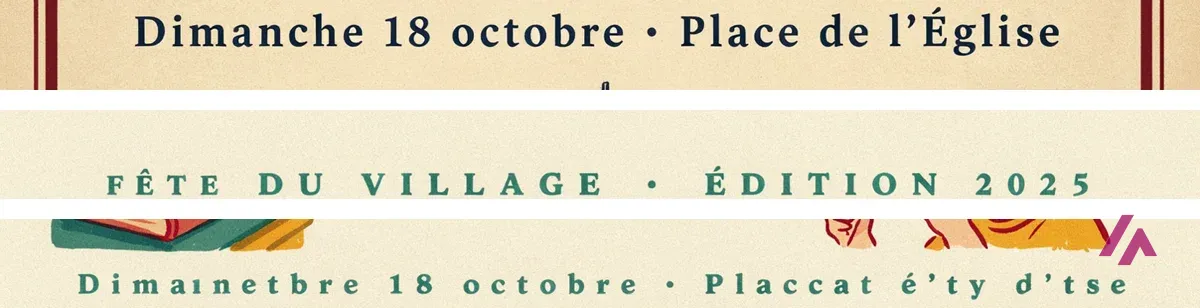 Trois extraits des affiches générées : la ligne Dimanche 18 octobre Place de l’Église écrite correctement, la mention Fête du village Édition 2025 ajoutée par Ideogram, et la même ligne de date répétée en bas et devenue illisible