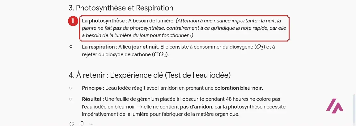 Fiche de révision de Gemini, partie Photosynthèse et Respiration, avec la correction de l’erreur sur la nuit encadrée en 1