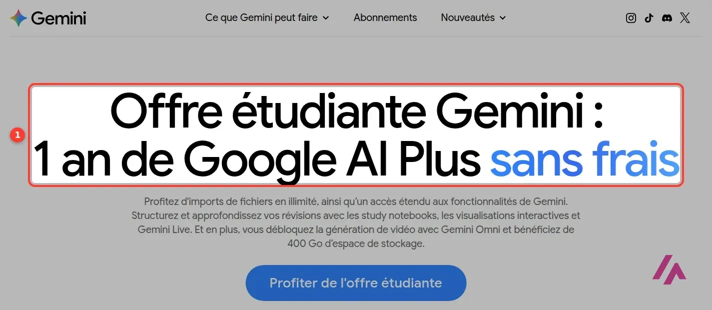 Page étudiants de Gemini en français avec le titre Offre étudiante Gemini : 1 an de Google AI Plus sans frais encadré en 1