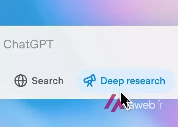 Barre d'outils de ChatGPT : le curseur pointe le bouton Deep research, à côté du bouton Search