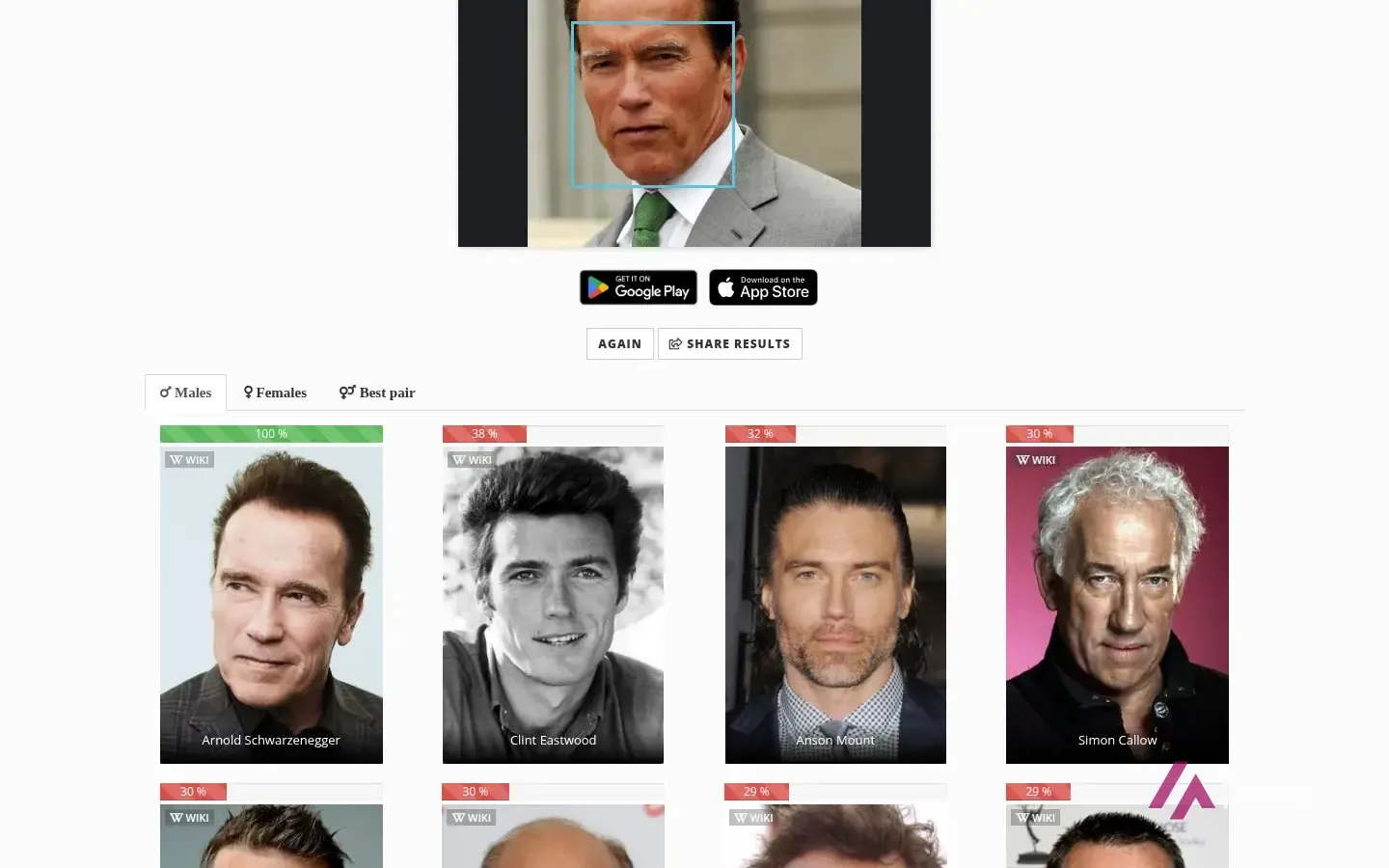 Résultat de StarByFace : le visage détecté et le classement des célébrités avec leur pourcentage