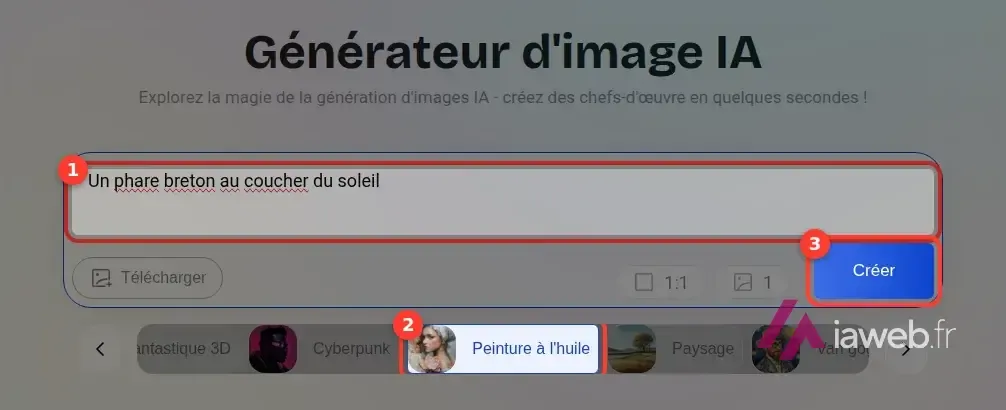 Générateur d’image IA d’Artguru avec la consigne, le style « Peinture à l’huile » et le bouton « Créer » encadrés
