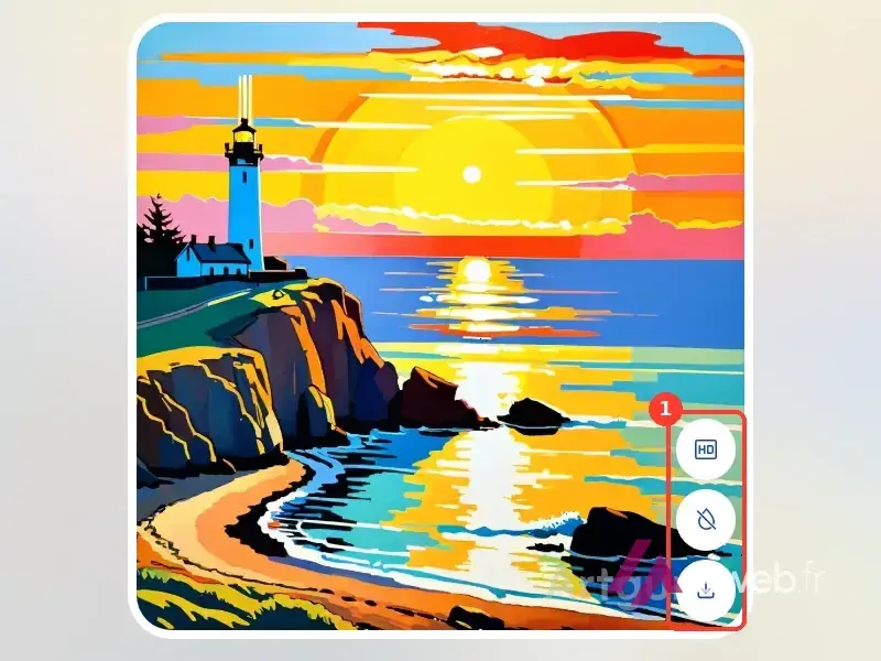 Phare breton au coucher du soleil généré par Artguru dans le style « Peinture à l’huile », avec les boutons HD, filigrane et téléchargement encadrés