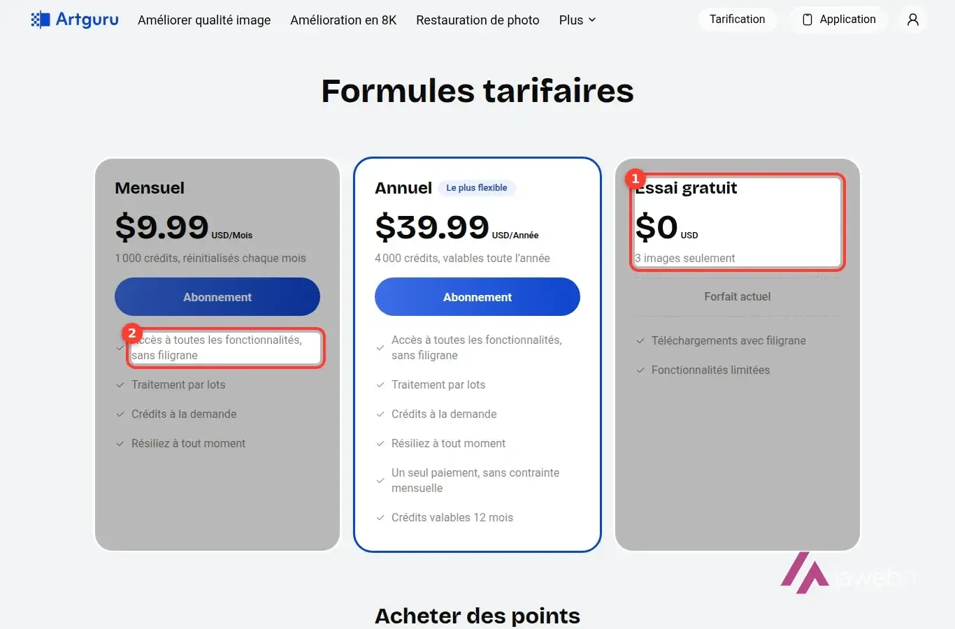 Fenêtre des tarifs d’Artguru avec l’essai gratuit « 3 images seulement » et la mention « sans filigrane » de la formule mensuelle encadrés