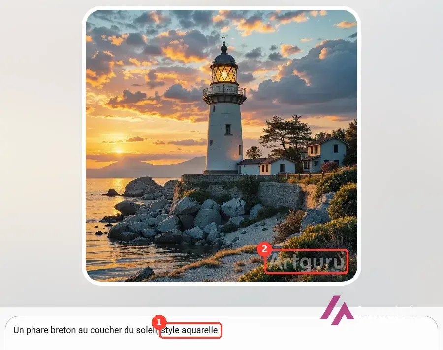 Image générée par Artguru : phare photoréaliste au coucher du soleil, alors que la consigne demandait « style aquarelle », avec le filigrane Artguru encadré
