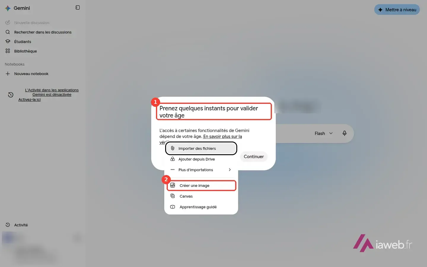 L'appli Gemini avec la fenêtre de validation de l'âge et le menu qui contient « Créer une image »