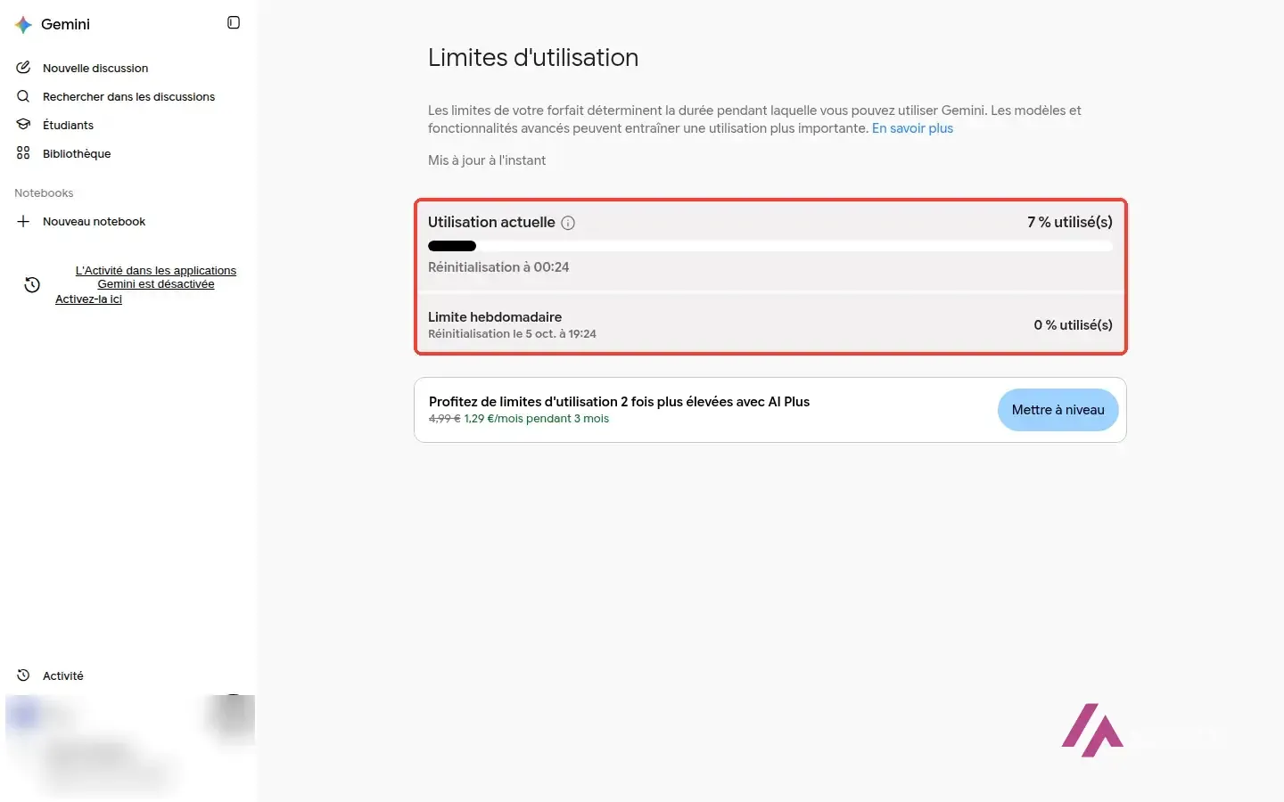 Page « Limites d'utilisation » de Gemini sur un compte gratuit, avec la limite en cours et la limite hebdomadaire