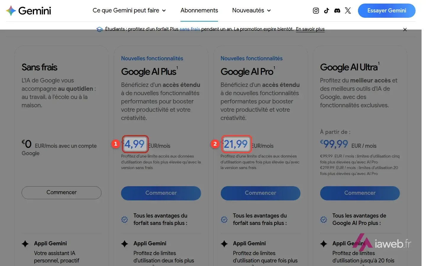 Page des abonnements Gemini pour la France, avec les prix de Google AI Plus et de Google AI Pro encadrés