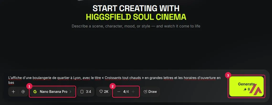 Générateur d’images de Higgsfield avec une consigne en français, le modèle Nano Banana Pro encadré en 1, le nombre d’images réglé sur 4 encadré en 2 et le bouton Generate à 8 crédits encadré en 3